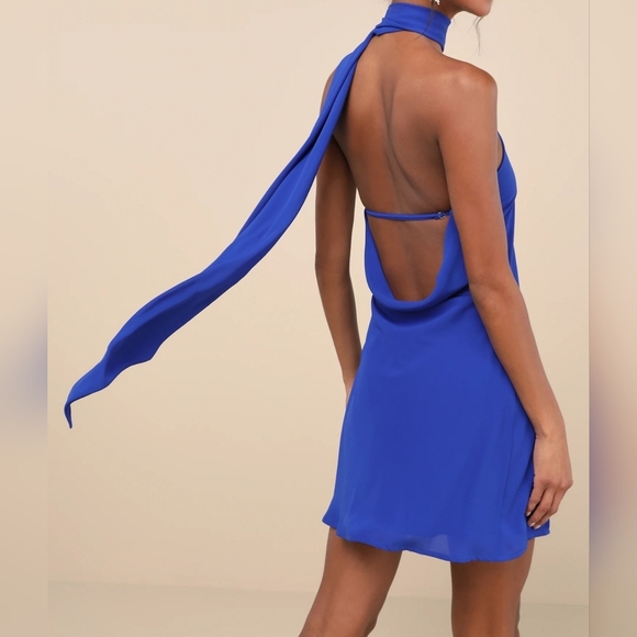 Lulus Isloda Blue One-Shoulder Cowl Backless Sash Mini Dress, Size XS - Picture 6 of 13